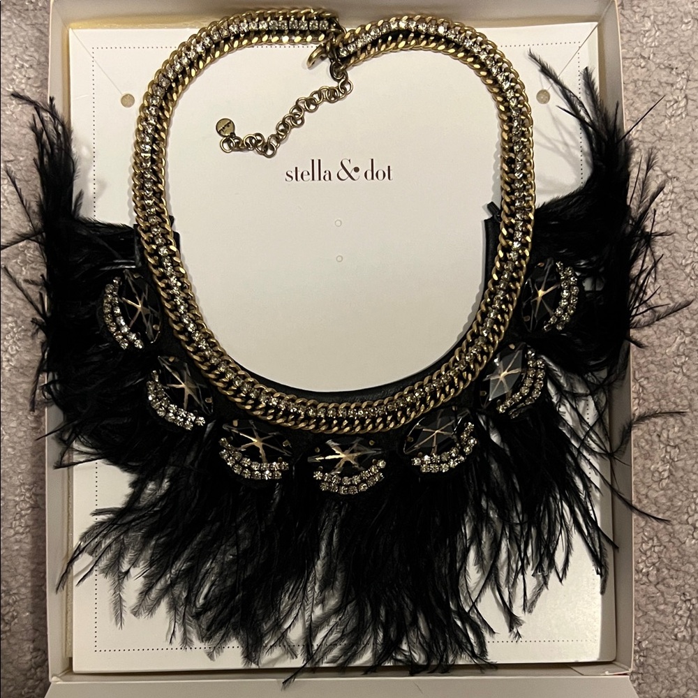 Stella & Dot Black Feather and Gold Chain Statement Necklace